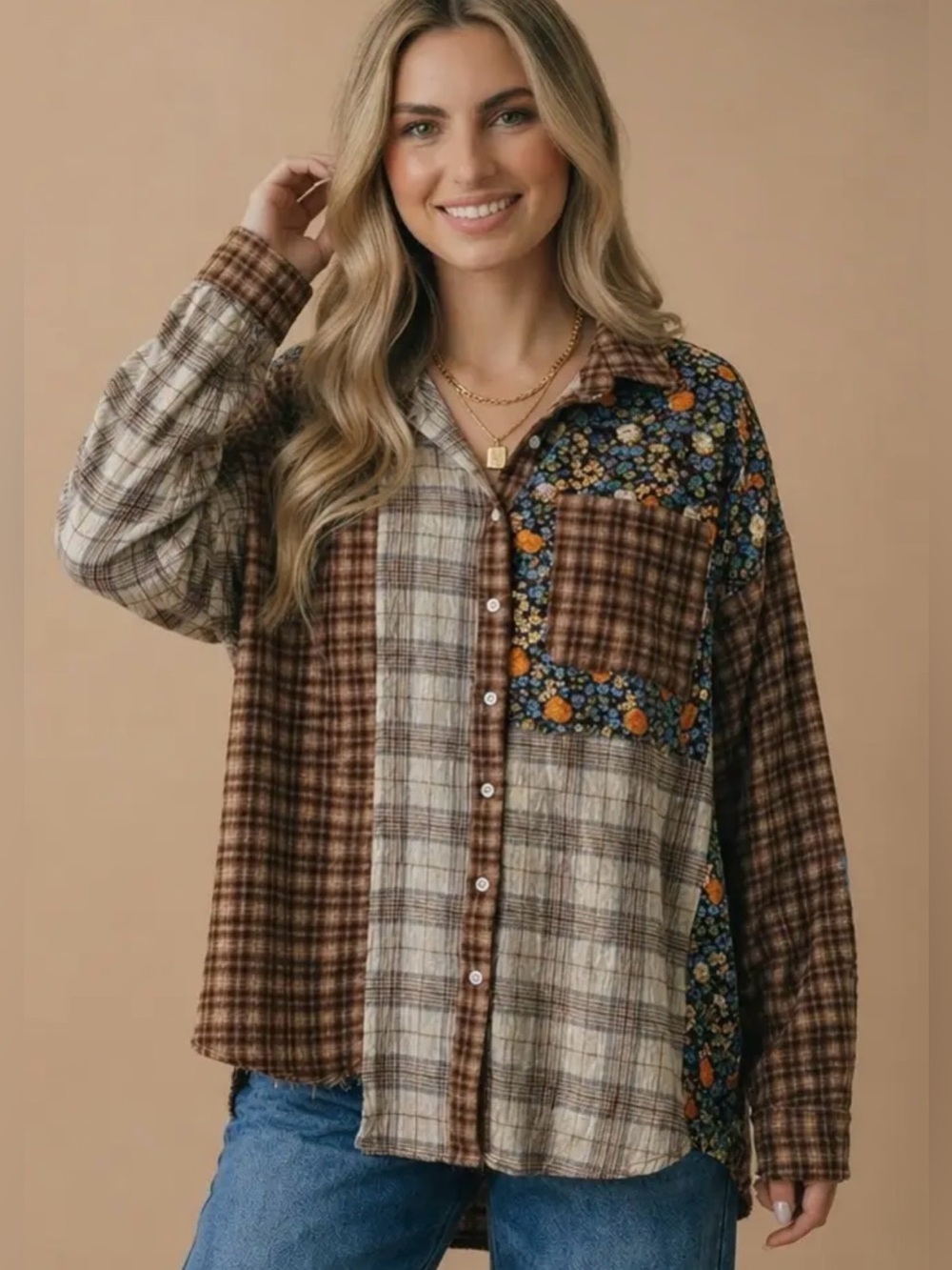 Brown rose floral boho western raw hem patchwork floral shirt jacket coat top